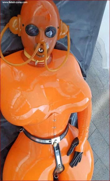 Rubberdollemma - Best milf orgasm in orange rubber catsuit - FULL HD